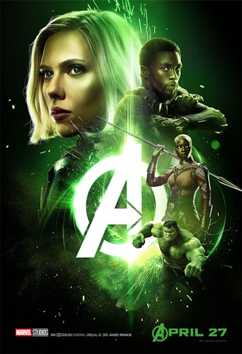 Green 'Infinity War' poster has Black Widow, Black Panther, Okoye, and Hulk.