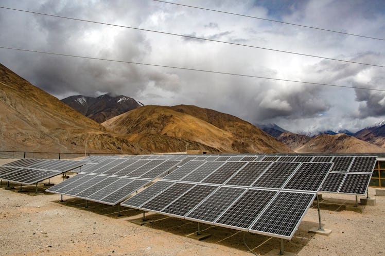 LADAKH, INDIA - JUNE 14: Solar panels are seen in Yarat village on June 14, 2017 in Ladakh, India. T...