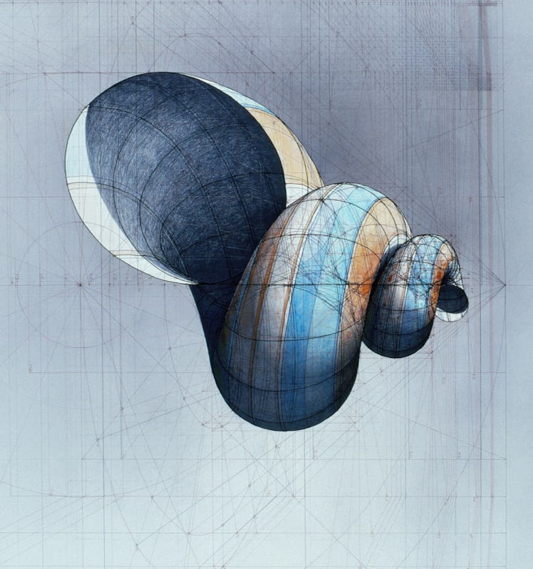 Rotated illustration of a snail look alike object in blue and orange colors
