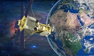 Artist rendition of the WorldView-4 satellite looking at the Earth. 