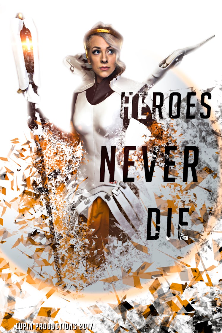 Promotional poster for "Heroes Never Die" puts Mercy's full gear on display.