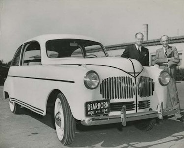 Henry & Edsel Ford presenting Soybean Car