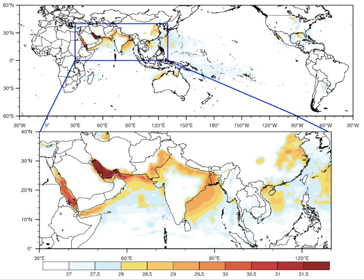 Spatial distribution of highest daily maximum wet-bulb temperature, TWmax (°C), in modern record (19...