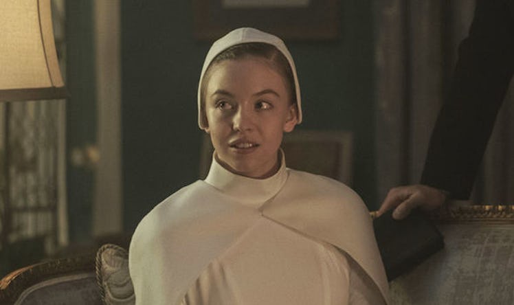 The scene from the Handmaid's Tale where the actress is wearing all white and looking at someone