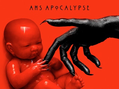 A black hand holding the hand of the Anti-Christ baby as cover art for American Horror Story: Apocal...