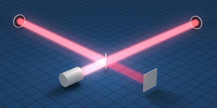 An illustration depicting LIGO's laser interferometer setup. 