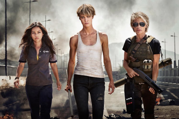 From left to right: Natalia Reyes, Mackenzie Davis, and Linda Hamilton in 'Terminator: Dark Fate'.