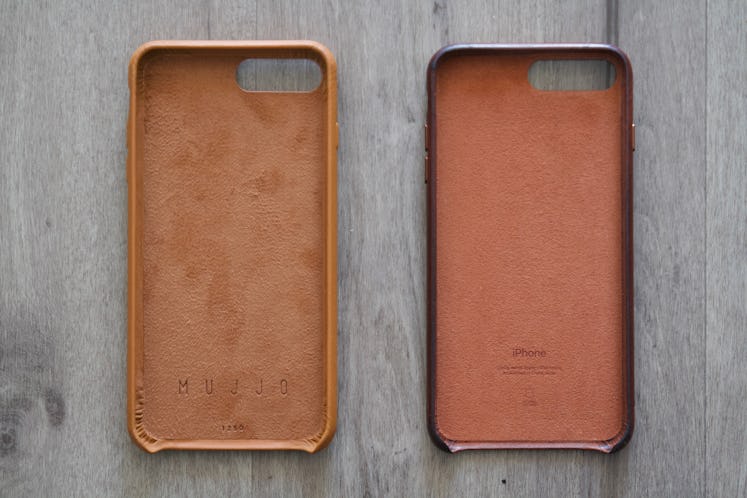 Mujjo case on the left versus Apple leather case.