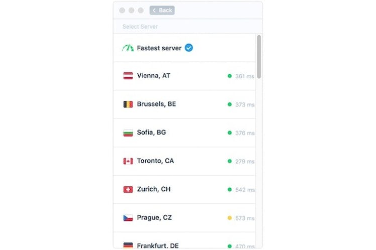 IVPN will connect to the fastest server available, or let you choose from a color-coded list:Green i...