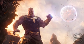 Thanos uses the combined power of the Space and Power stones to throw a moon.