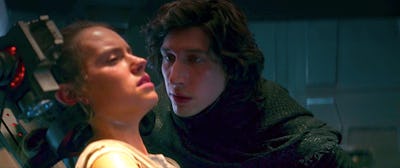 Adam Driver as Kylo Ren and Daisy Ridley as Rey in the scene from Rise of Skywalker