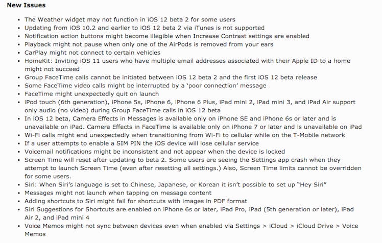 apple iphone ipad ios 12 beta bugs list glitches issues 