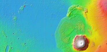 The red dot in the top left shows the first location under consideration, with Olympus Mons in the l...