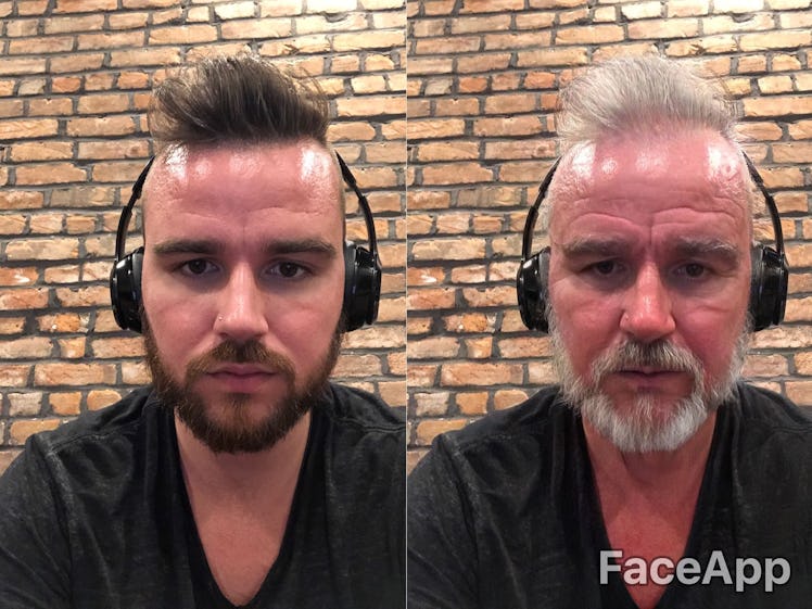 A boy using a suburban dad filter with FaceApp  