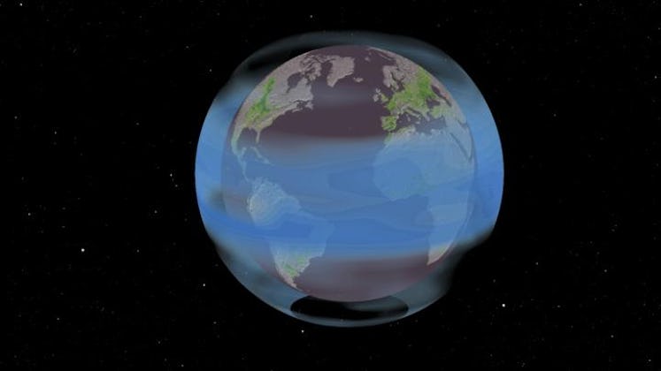 Planet Earth illustration on a black background with a blue shield around it