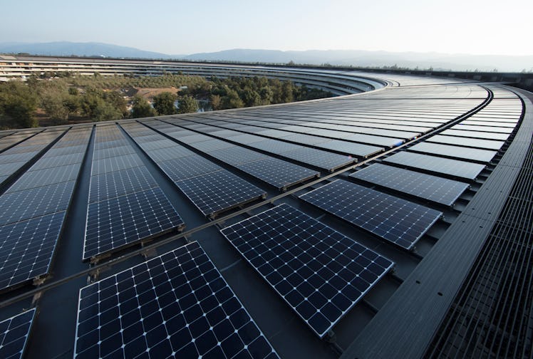 Apple's solar panels on top of the spaceship campus provide green energy.