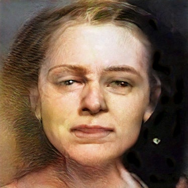 An AI generated face of a woman with brown hair and brown eyes