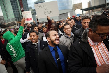 NEW YORK, NY - FEBRUARY 01: Uber drivers protest the company's recent fare cuts and go on strike in ...