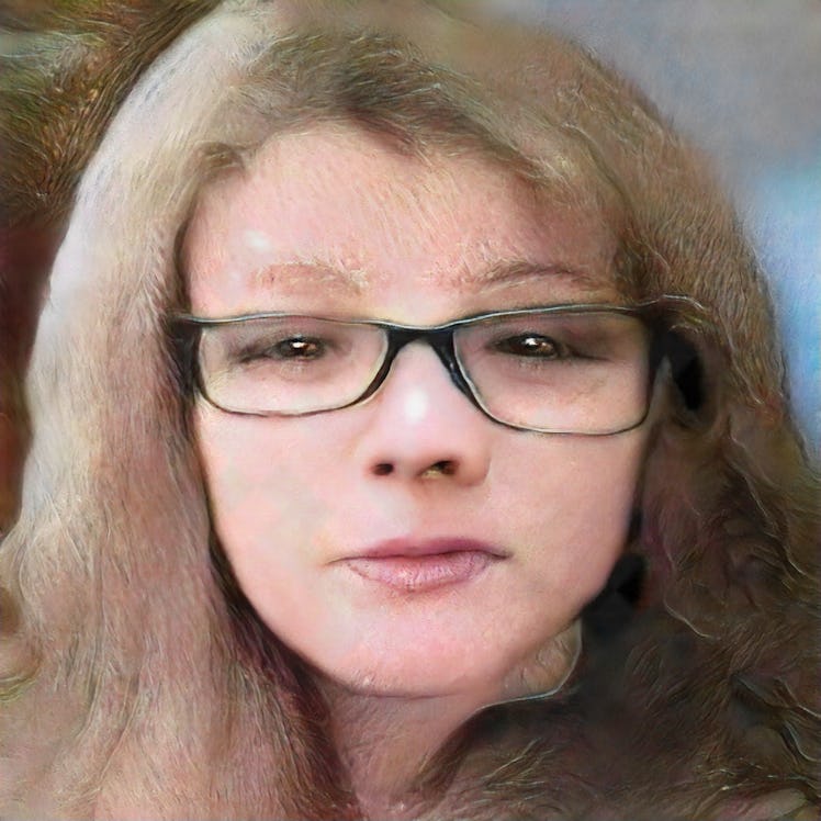 An AI generated face of a woman with brown hair and glasses