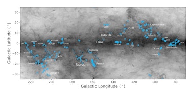 In this image, filled circles indicate the Radcliffe Wave's stellar nurseries. The unfilled circles ...