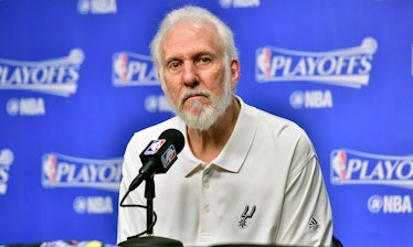 Gregg Popovich during a press conference as the coach of San Antonio Spurs