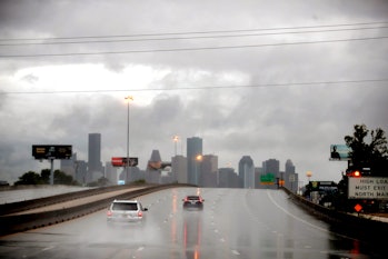Rain from Hurricane Harvey batters the downtown area on August 26, 2017 in Houston, Texas.