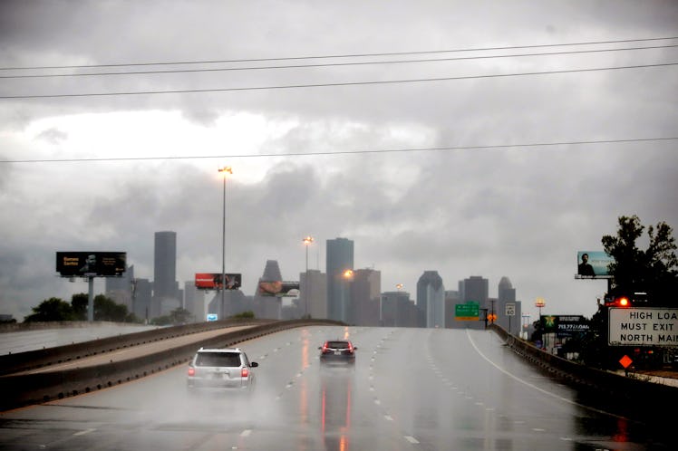 Rain from Hurricane Harvey batters the downtown area on August 26, 2017 in Houston, Texas.