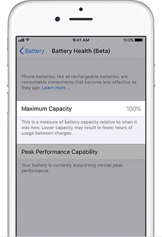 This section of the iOS 11.3 battery health indicator will tell users how much charge their phone ca...