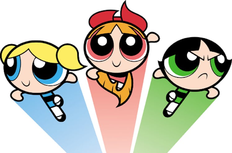 Bubbles, Blossom, and Buttercup from the Powerpuff girls on Cartoon Network