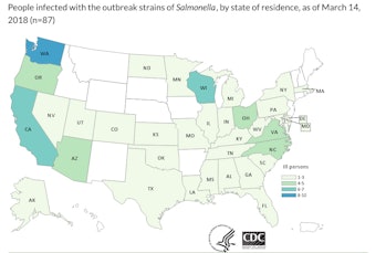 CDC map showing kratom-linked Salmonella cases by state.