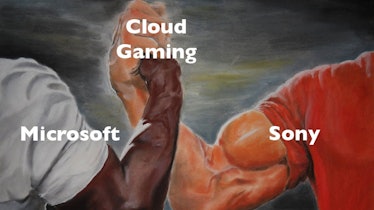 Meme of two muscular hands trying to knock the other one to the ground, with one being Microsoft and...