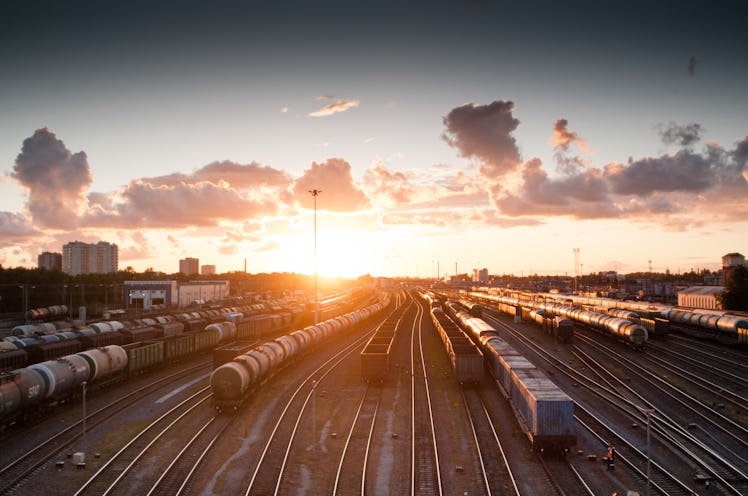 Trains on a track.