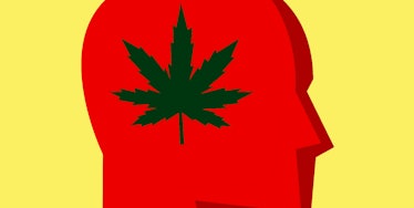 Illustration of a red human head from the profile with a cannabis leaf in its head.