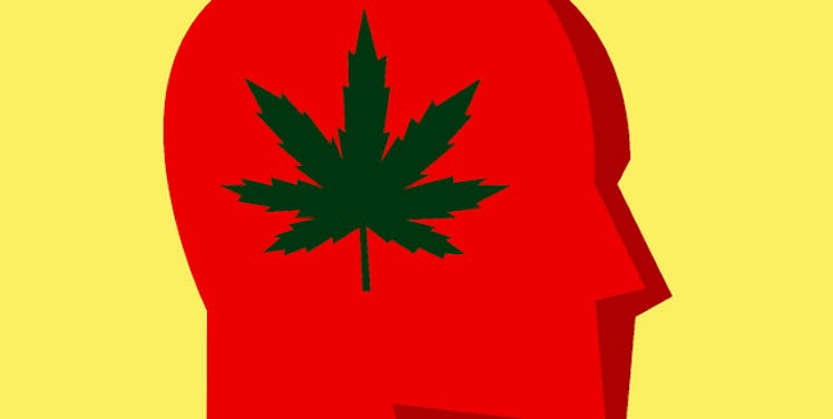 Illustration of a red human head from the profile with a cannabis leaf in its head.