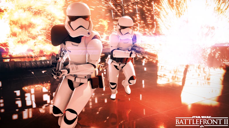 A screenshot from Star Wars Battlefront 2 with two Stormtroopers