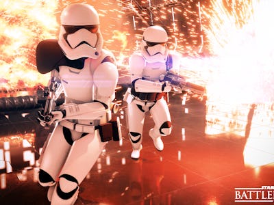 A screenshot from Star Wars Battlefront 2 with two Stormtroopers