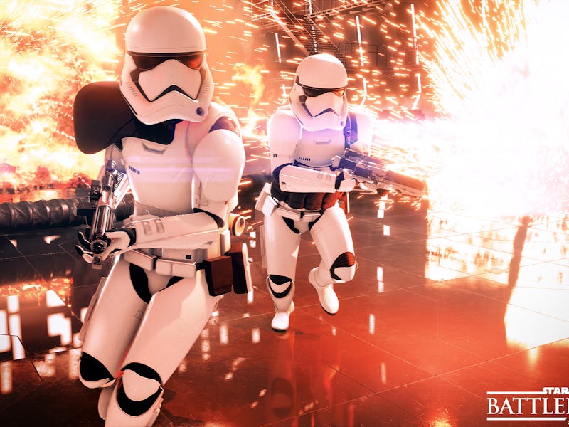 A screenshot from Star Wars Battlefront 2 with two Stormtroopers