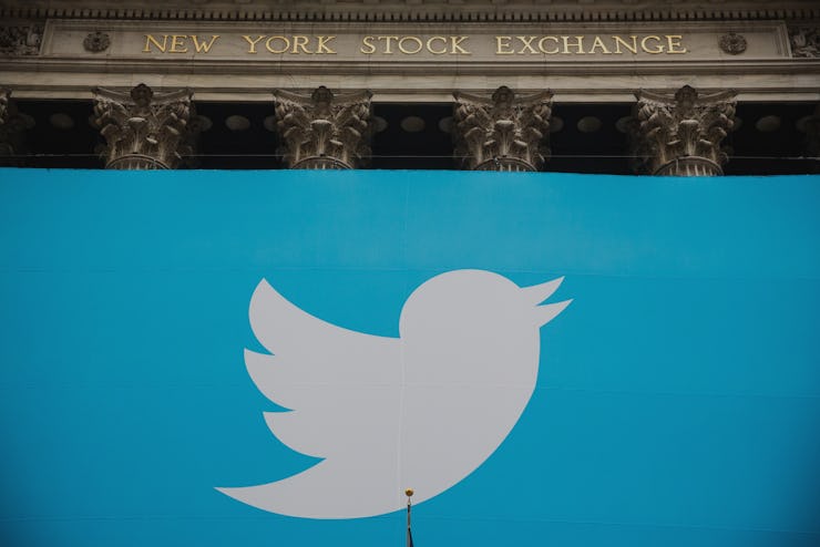 A large Twitter in front of the New York Stock Exchange building