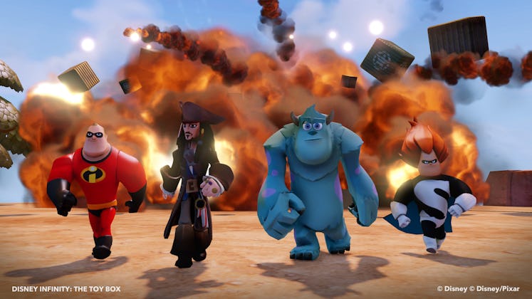 Mr. Incredible, Jack Sparrow, Sulley, and Syndrome action figures walking next to each other