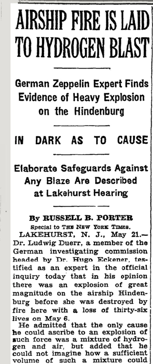 A New York Times report on the cause of the Hindenburg Disaster.