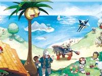 A painting with various Pokemons from 'Pokemon Sun' and 'Moon' on a beach