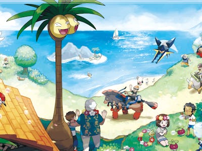 A painting with various Pokemons from 'Pokemon Sun' and 'Moon' on a beach