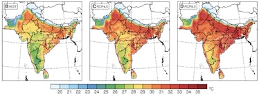 The spatial distributions of bias-corrected ensemble averaged 30-year TWmax for eachGHG scenario: HI...