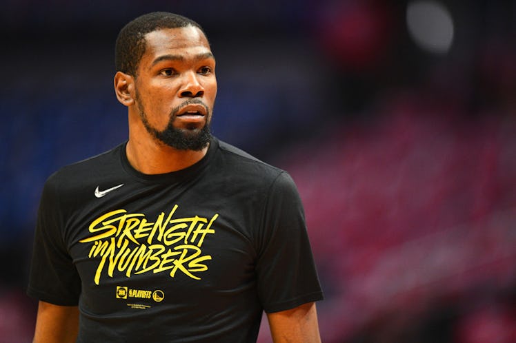 Golden State Warriors Forward Kevin Durant (35) looks on before game four of the first round of the ...