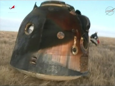 A view of the Soyuz descent module after touching down in Kazakhstan. 