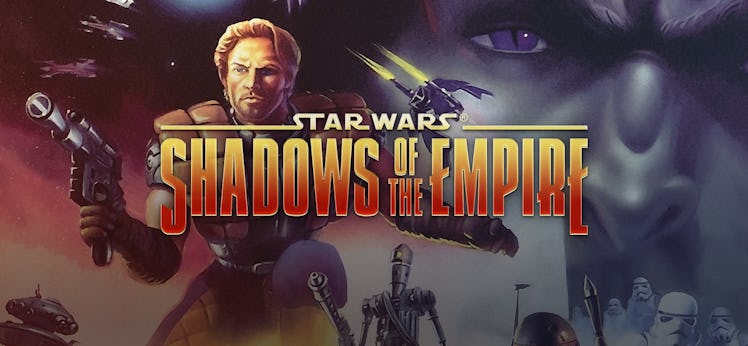 Dash Rendar wields his blaster as Prince Xizor looks on in box art for the N64 version of 'Shadows o...