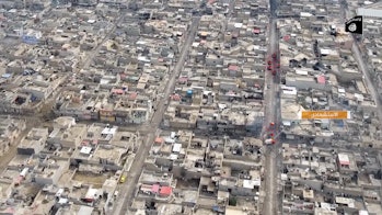 Screenshot of drone footage showing a VBIED attack on an Iraqi security forces convoy. 