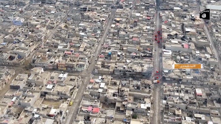 Screenshot of drone footage showing a VBIED attack on an Iraqi security forces convoy. 