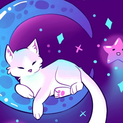 Illustration of a white kitty sitting on a blue moon