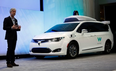 John Krafcik, CEO of Waymo, debuts a customized Chrysler Pacifica Hybrid that will be used for Googl...